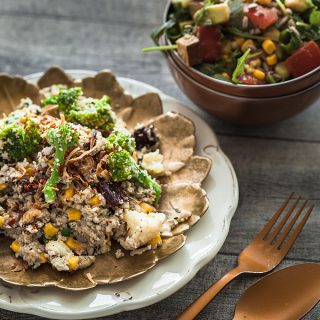 Quick and easy recipe for low carb cauliflower rice with veggies and an almond butter