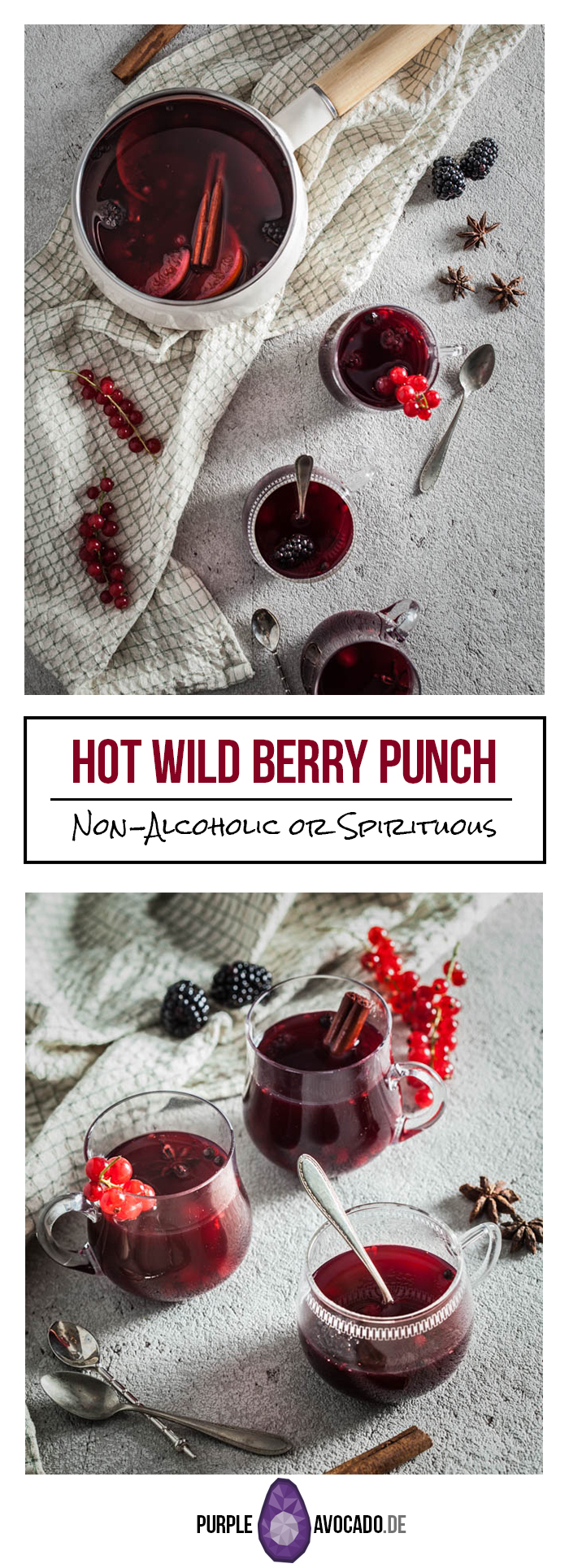 Recipe for a hot wild berry punch. Perfect for the winter and Christmas season. Optional with or without alcohol.