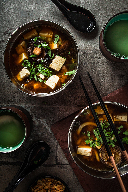 Two bowls of Miso Soup, served with green tea