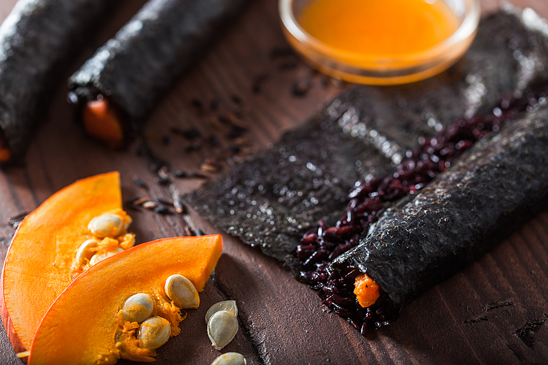 Give your Sushi a little twist and try this black rice, roasted pumpkin suhi version. It does not only look bad ass, it's goddamn delicious