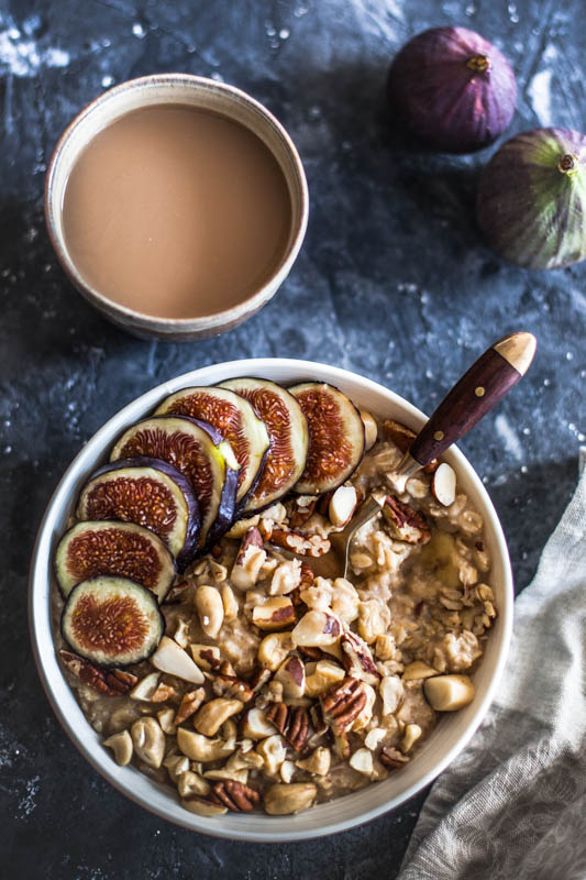 Quick & easy 5 minute microwave porridge recipe served with figs and nuts