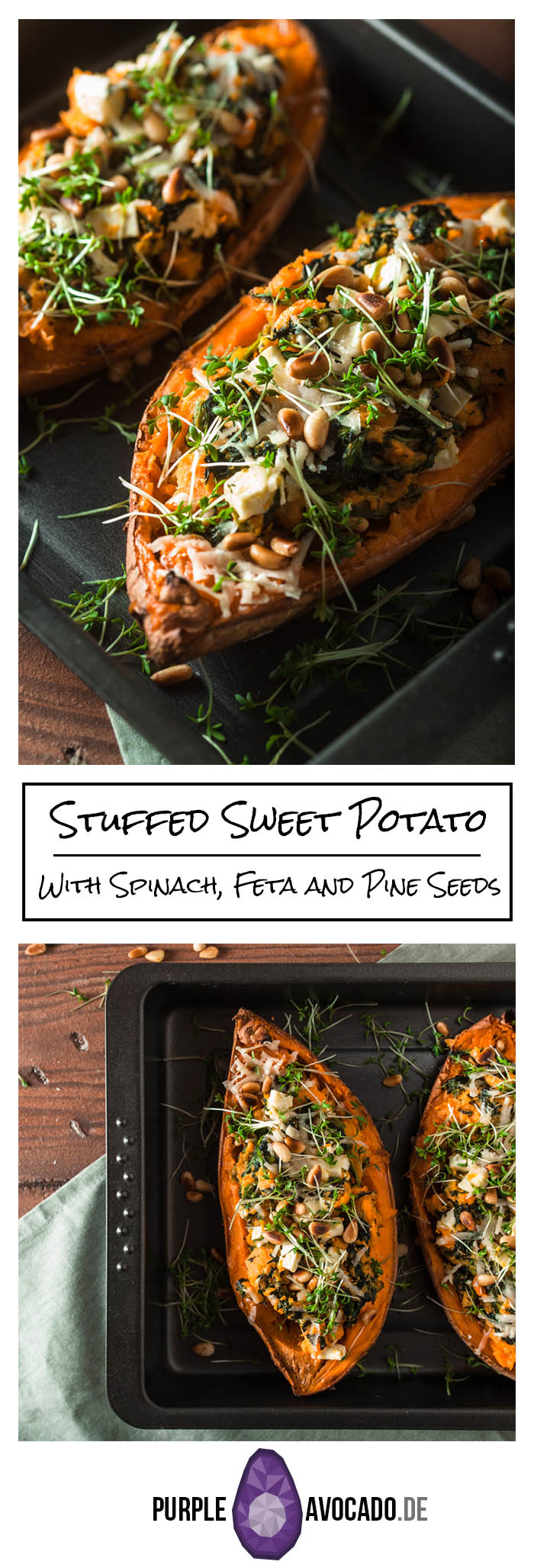 Recipe for stuffed sweet potato with spinach, feta cheese, parmesan and pine seeds. Comforting, simple and delicious! Recipe and Food Photography from Purple Avocado / Sabrina Dietz