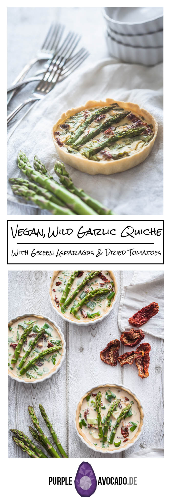 Vegan, healthy and damn photogenic - this vegan quiche with green asparagus, buckrams, escallions and dried tomatoes combines it all. It is easy and fast to prepare and will impress even your most critical guests. More on Purple Avocado.