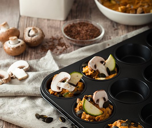 Vegan, savory sweet potato muffins with mushrooms, zucchini and pumpkin seeds. Recipe on Purple Avocado.