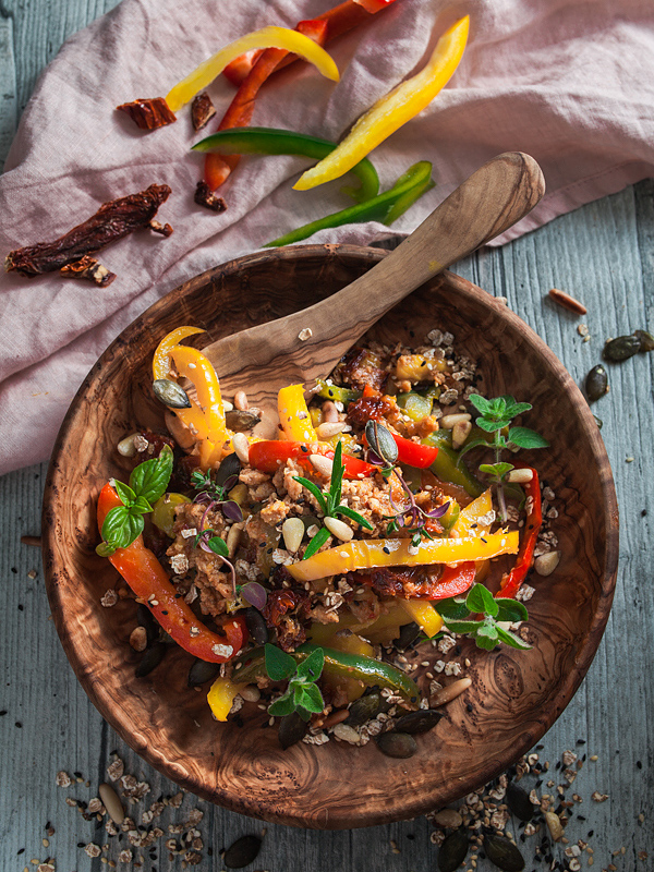 Jamies Food revolution inspired me to create a healthy recipe just from stuff I had at home. It turned out as a pepper pan mix with mango and soya granules.