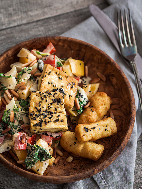 Fried vegetables and crunchy tofu with mustard sauce. The project "From my Fridge" is an attempt towards a more sustainable lifestyle that aims at the reduction of food waste, more creativity when dealing with leftover food and a raised awareness for the usage of our resources. It shall serve you as a source of inspiration and motivation to love your leftovers and create amazing dishes with them. Find more recipes on Purple Avocado.