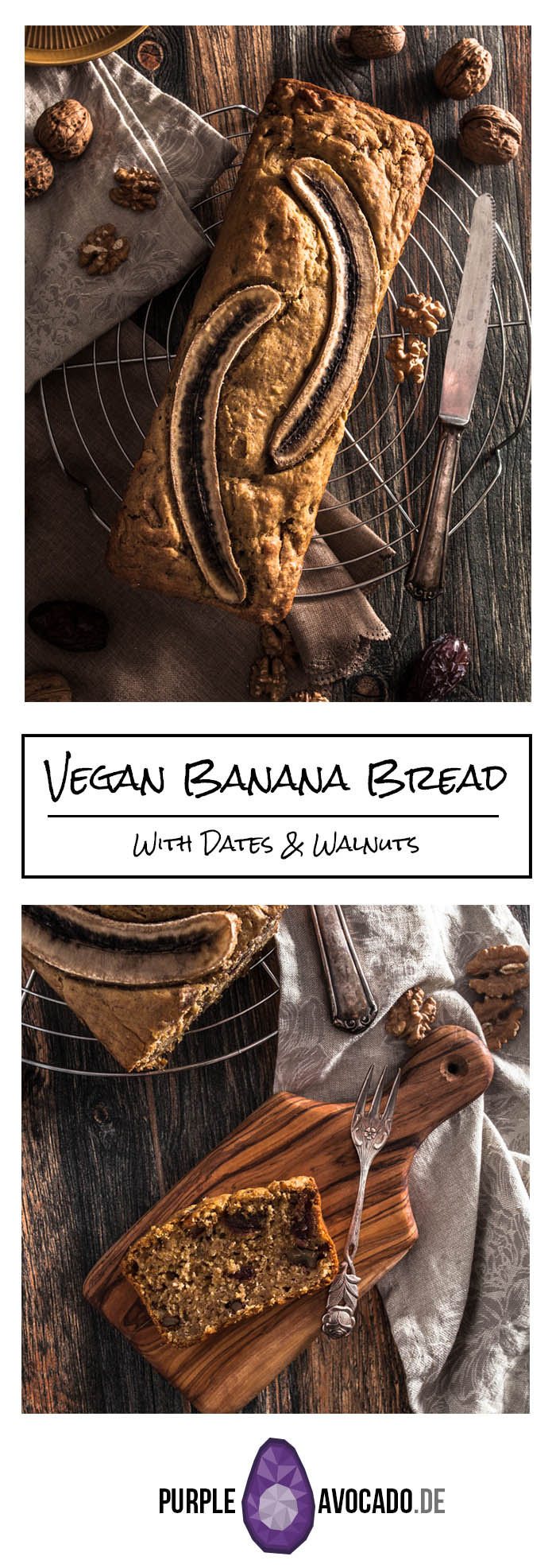 Recipe for a healthy banana bread with dates and walnuts. #recipes #vegan #sugarless #baking 
