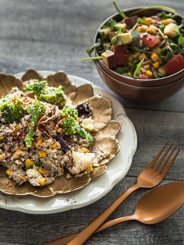 Quick and easy recipe for low carb cauliflower rice with veggies and an almond butter sauce