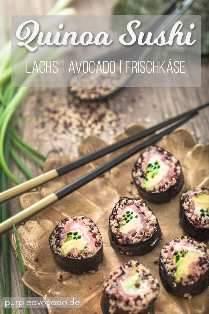 Sushi ist nicht bloß roher Fisch und Reis. Beim Sushi rollen in der eigenen Küche kann man ordentlich austoben. Es geht auch gesünder mit diesem Quinoa Sushi mit Avocado und Lachs, meiner absoluten Lieblingskombo. Mehr dazu auf Purple Avocado.
