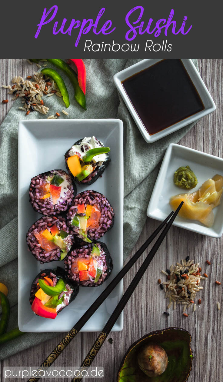 Rainbow Roll Sushi with purple rice