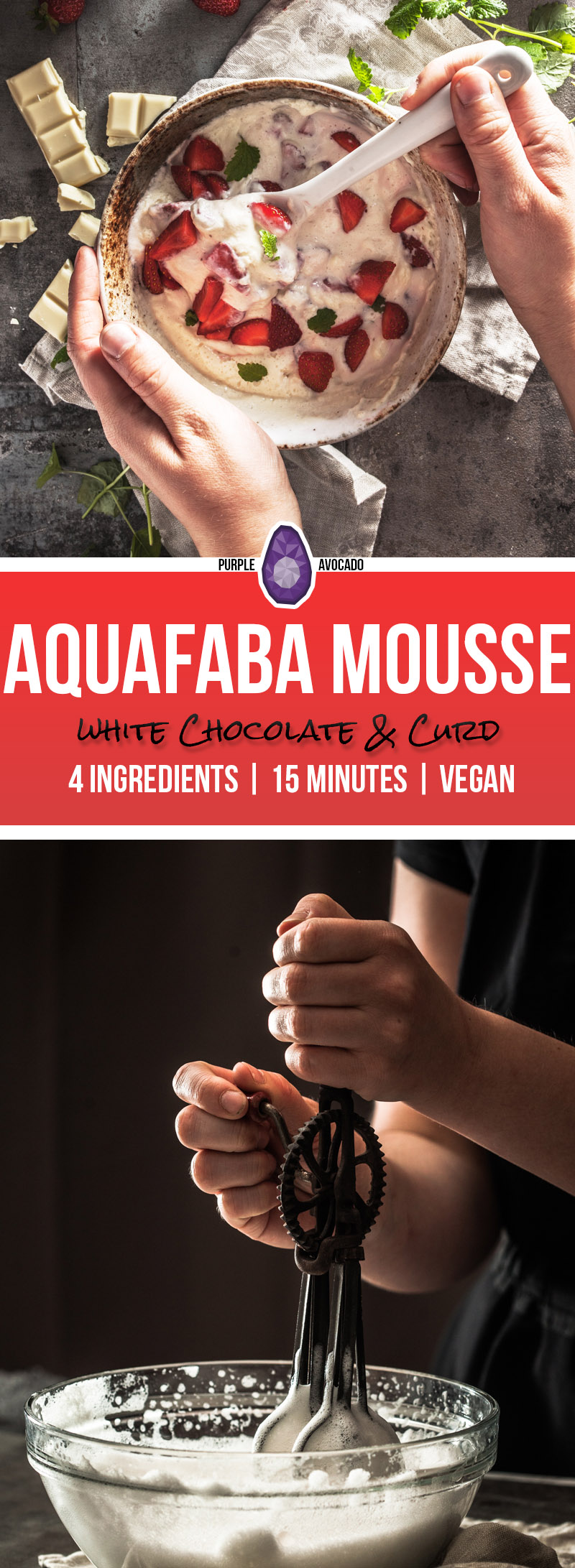 There are plenty of aquafaba recipes. But this 4 ingredients summer recipe for a fruity, light curd / yogurt mousse with white chocolate, strawberries and aquafaba is new and exciting.