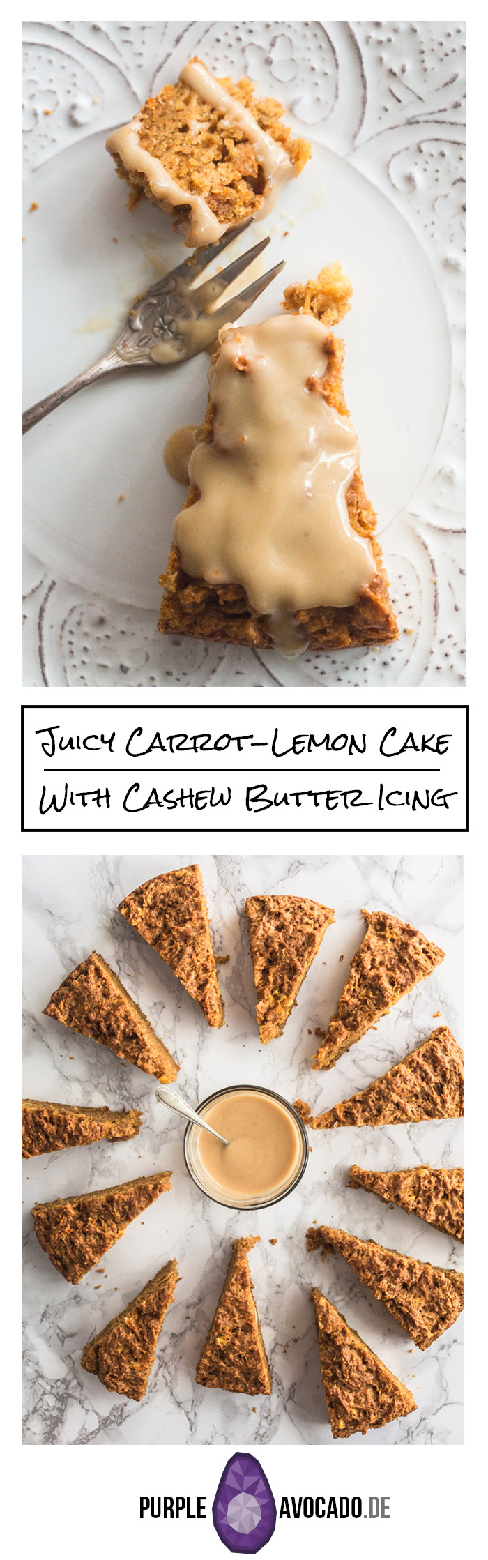 Here's a recipe for a soft and tender vegan Carrot Lemon Cake with Cashew Butter Icing. The juicy carrot cake will stay fresh in the fridge for a couple of days. The slightly bitter, nutty cashew icing gives it a special twist, the fresh lemon juice and lemon zest add a sour and fruity note.