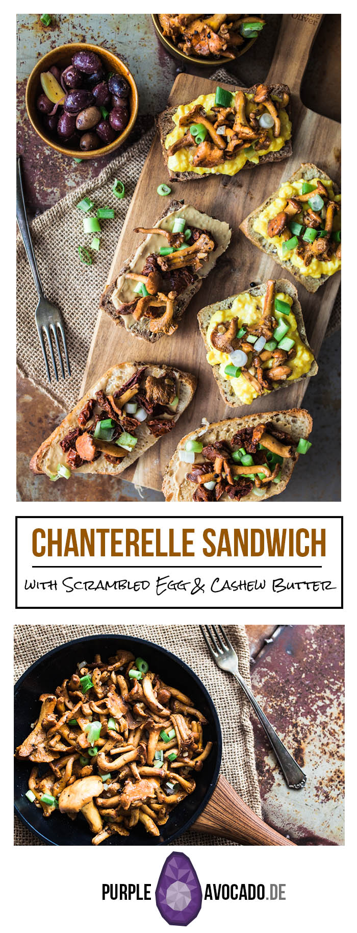 For breakfast, brunch or lunch – Those chanterelle sandwiches with scrambled egg, dried tomatoes and cashew butter surely will satisfy your tastebuds with a variety of tastes and textures. 