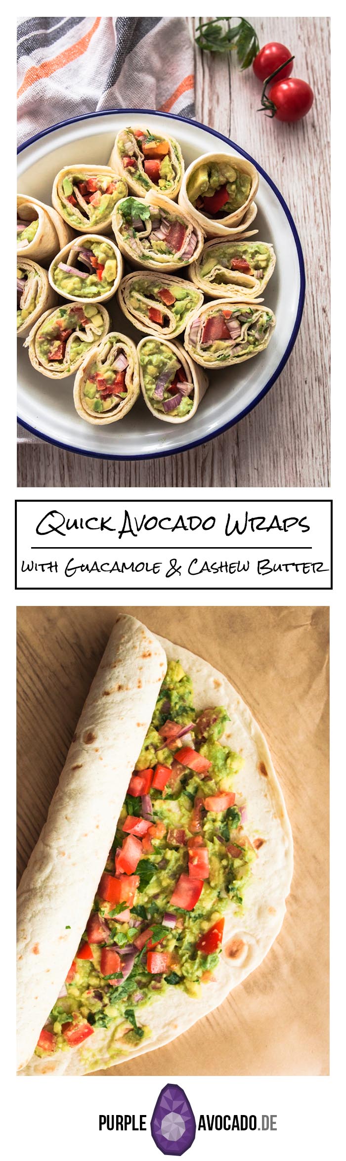 If you're in a rush and need some delicious food for your next picknick, road trip, fingerfood or binge watching evening: Quick avocado wraps with two variations - with guacamole and cashew butter. Uncomplicated and delicious! Recipe and Foodstyling by Purple Avocado / Sabrina Dietz