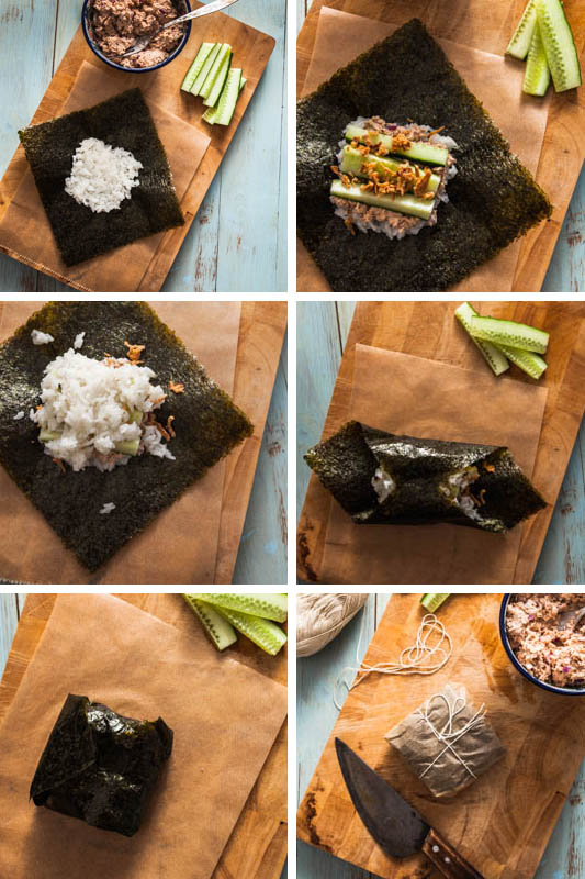 Rezept für Onigirazu, japanische Reissandwiches, mit scharfer Tunfisch-Mayonnaise-Füllung und bebilderter Faltanleitung.Rezept von Purple Avocado / Sabrina Dietz #rezept #rezepte #foodphotography #foodstyling #japanisch #sushi #onigiri
