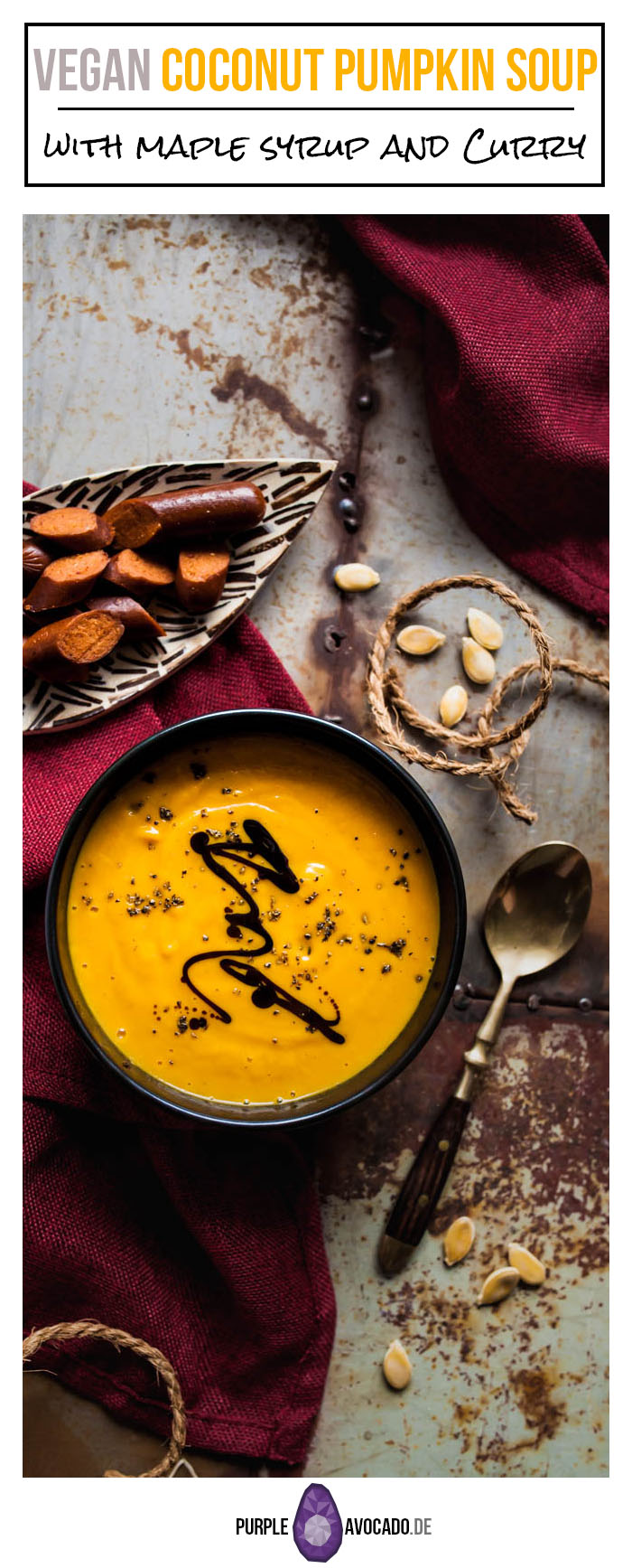 Vegan coconut pumpkin soup with maple syrup and curry. We're adding vegan merguez by Wheaty for the salty touch and bite.  #recipe #foodstyling #fall #autumn #recipes #pumpkin #hokkaido