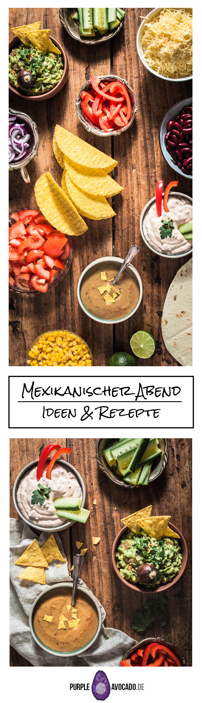 Rezepte und Inspiration für einen veganen / vegetarischen mexikanischen Abend mit Tortillas, Tacos, Gemüse und Rezepten für verschiedene Dips, sowie Blumenkohl Wings und pulled BBQ jackfrucht