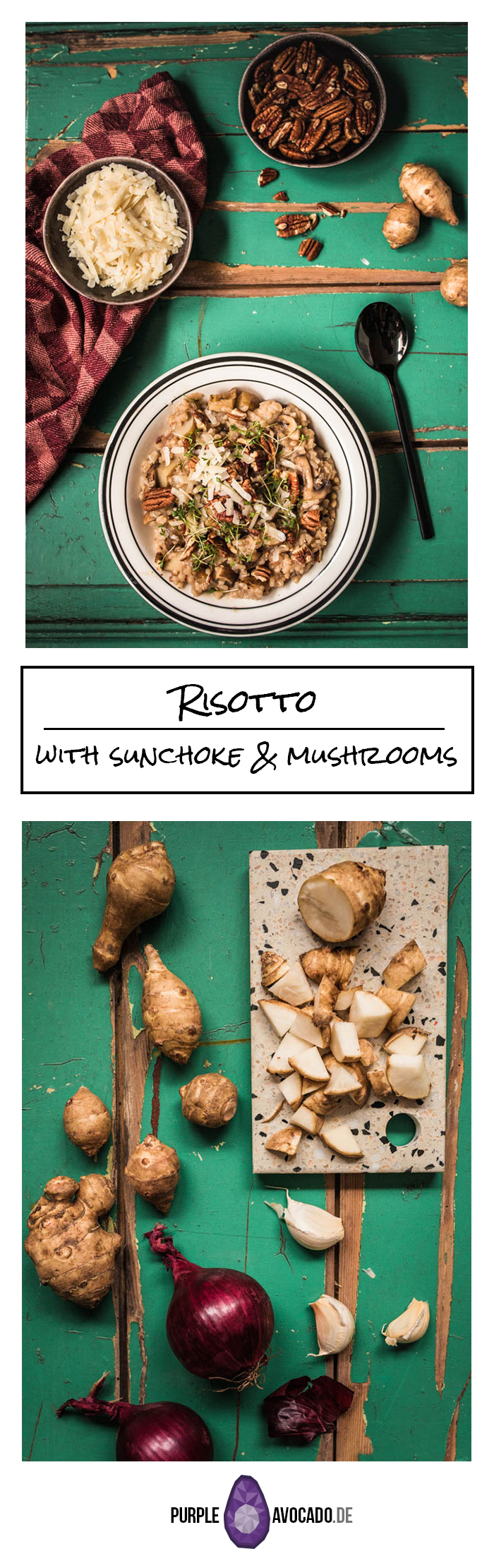  Recipe for a creamy risotto with mushrooms, sunchoke (topinambour) and chopped pecan nuts. Cozy, comforting winter food. #foodstyling #foodphotographer #recipes 