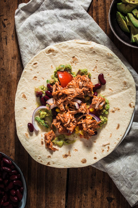 Mexican party food: Pulled BBQ jackfruit on a tortilla
