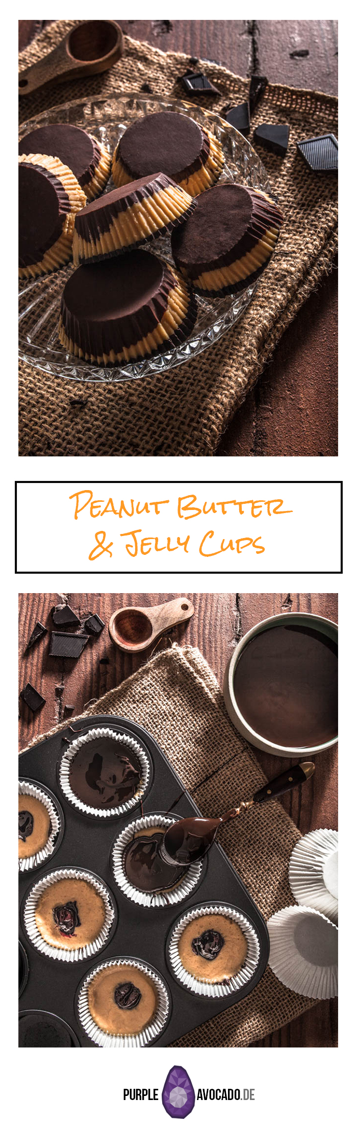Rezept für Reese's inspirierte Peanutbutter + Jelly Cups. Erdnussbutter, Marmelade und Zartbitterschokolade in Pralinen-Form #dessert #süßes #no #valentinstag #rezept #vegan