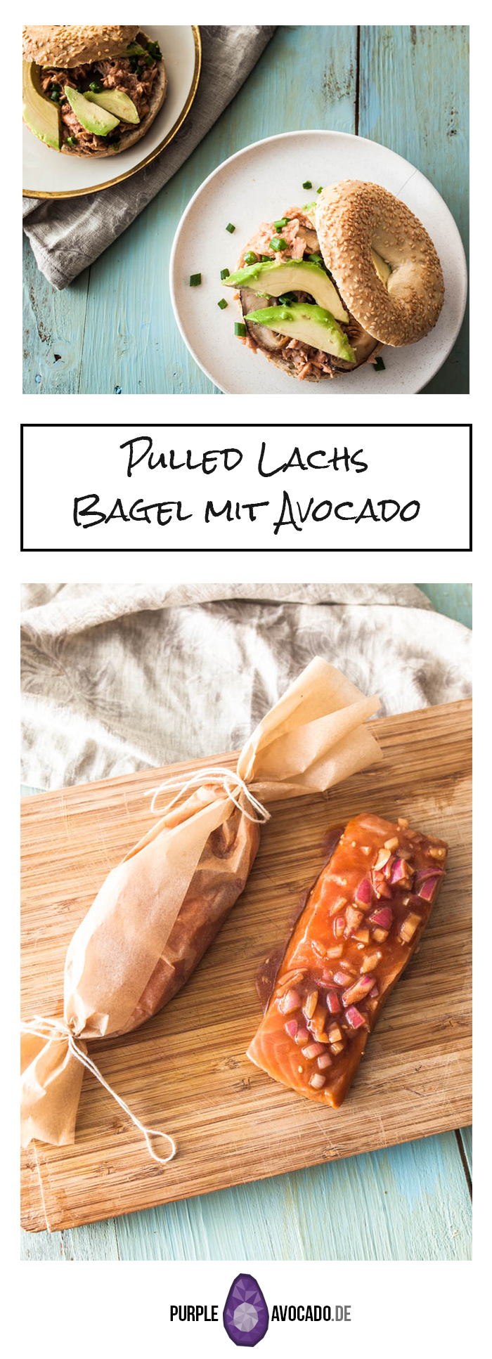 Rezept für rauchige, saftige Pulled Lachs Bagel mit Avocado. #snack #frühstück #bagel #carbs