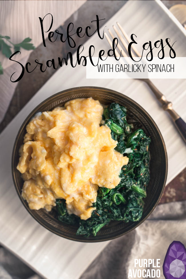 How to make the perfect scrambled eggs - without much time and effort. I've also included a recipe for perfect garlic spinach. #breakfast #lunch #brunch #recipes #eggs