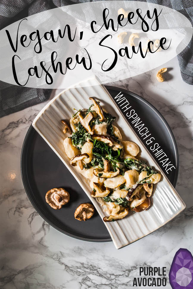 Vegan Cashew Sauce Recipe. Only 5 ingredients, vegan and ready in 15 minutes. We're adding gnocchi, garlicky spinach and fresh shiitake mushrooms to make this the most comforting pasta dish. #vegetarian #noodles #pasta #sauce #cashews 