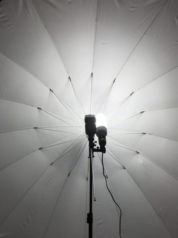 Ein Formatfüllender Reflex-Schirm mit einem davor montierten Systemblitz und einer Tageslichtlampe