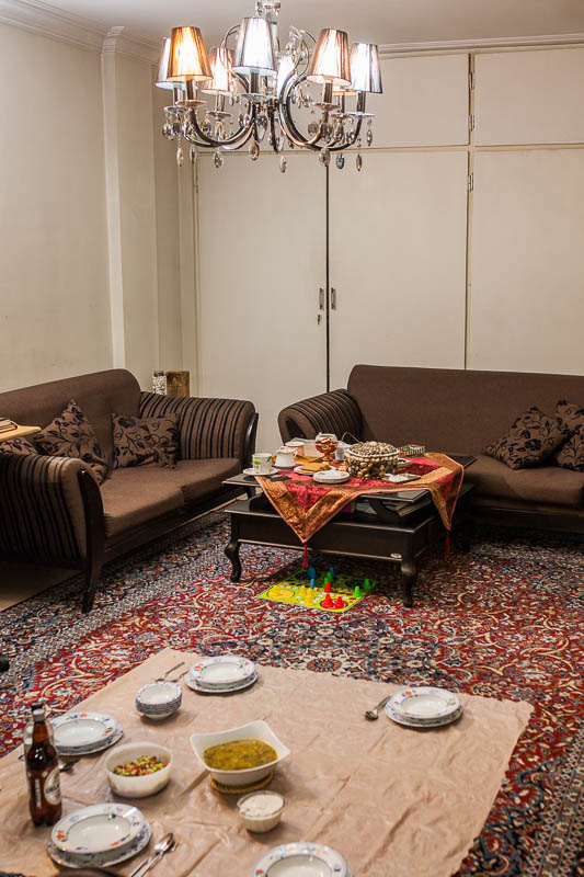 The Iranian living room I stayed at on my first day in Iran. Iranian traditionally eat on the floor