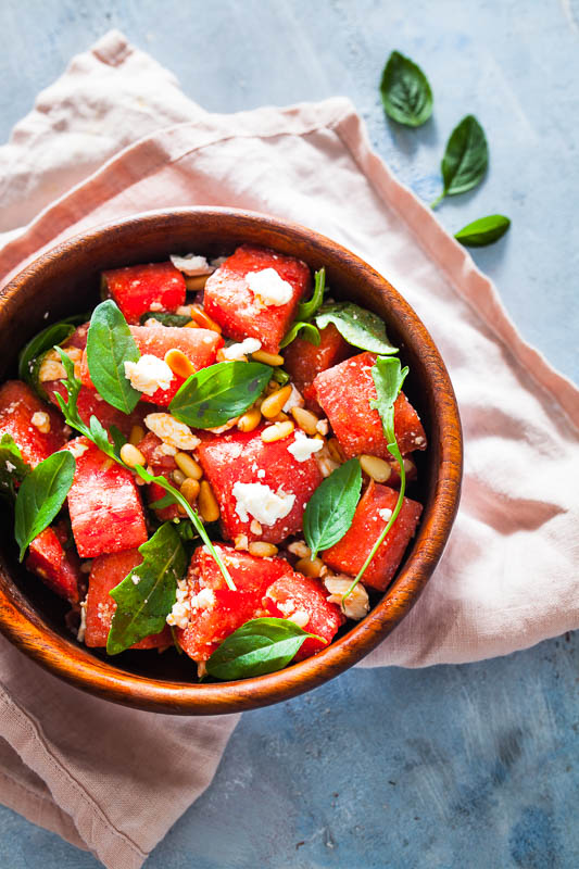 Refreshing melon cheese salad / watermelon, feta, basil, arugula and pine nuts