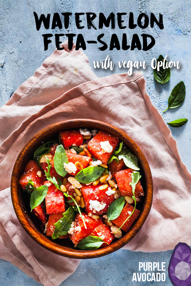 Fresh summer salad for the extremely hot days - watermelon basil feta salad with pine seeds (and vegan options) #vegetarian #vegan #summer #salad #ideas #inspiration #foodstyling 