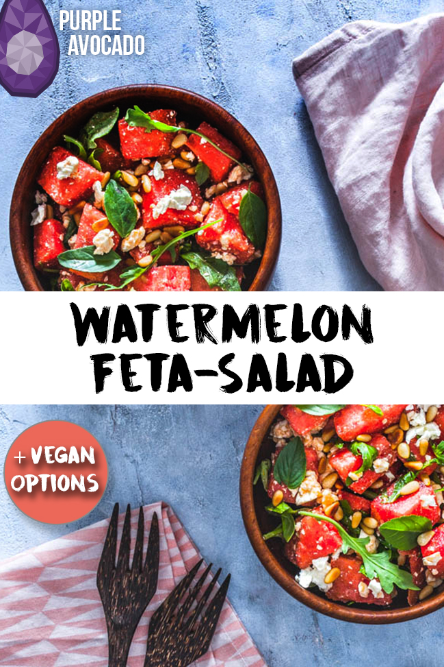 Fresh summer salad for the extremely hot days - watermelon basil feta salad with pine seeds (and vegan options) #vegetarian #vegan #summer #salad #ideas #inspiration #foodstyling 