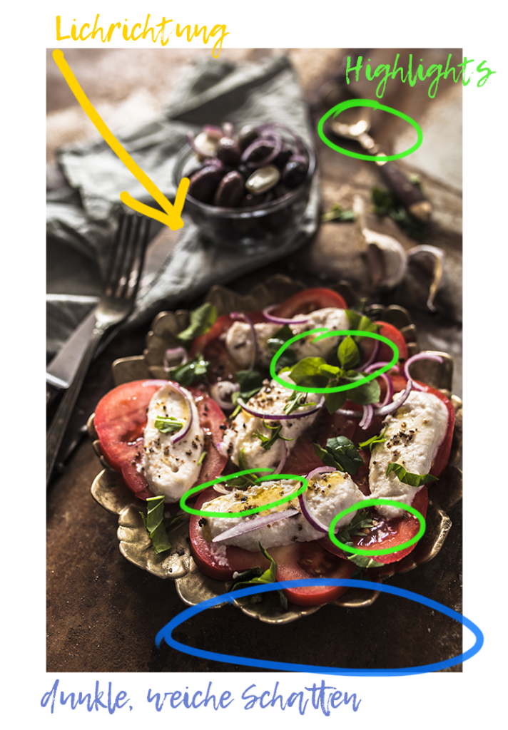 Foodfoto mit bunten Markierungen die Lichter und Schatten genauer beschreiben und hervorheben