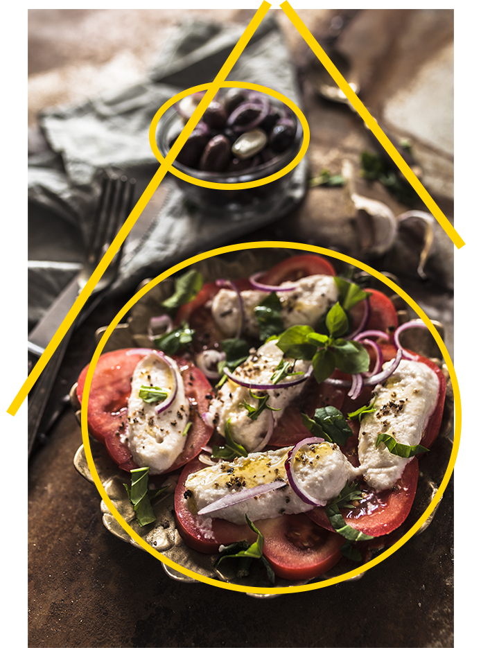 Compositional lines and shapes explained with a rustic food photo of tomato and mozzarella cheese